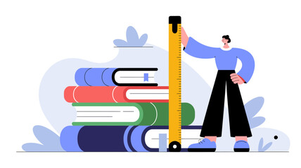 A person measures a stack of books with a measuring tape symbolizing education and learning