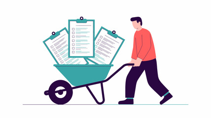 Man pushing a wheelbarrow full of clipboards with checklists and documents representing workload and tasks