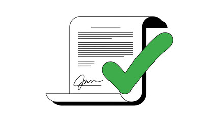Document with a large green check mark signifying approval or completion of a contract or agreement