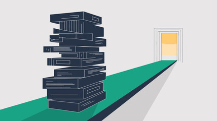 A tall stack of dark blue books on a green path leading to a bright open doorway with yellow light
