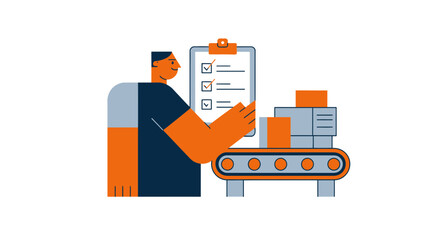 Man with clipboard checks items on a conveyor belt representing quality control and production line management in a factory setting