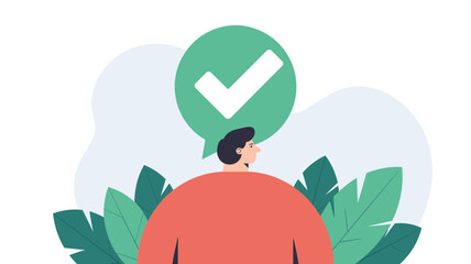 Man with a green checkmark in a speech bubble above his head symbolizing approval confirmation or success