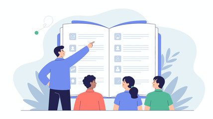 A teacher points to an open book displaying profiles and text to a group of attentive students in a modern flat illustration style