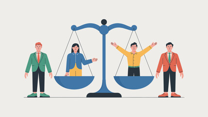 Concept of fairness and balance represented by a scale with men and women symbolizing equality and justice in society and business