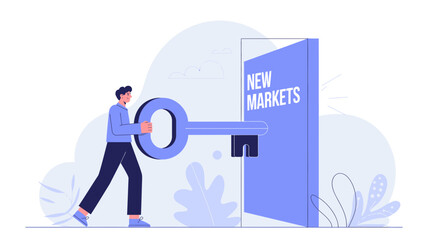 Man holding a large key to unlock a door labeled new markets representing business expansion and opportunity