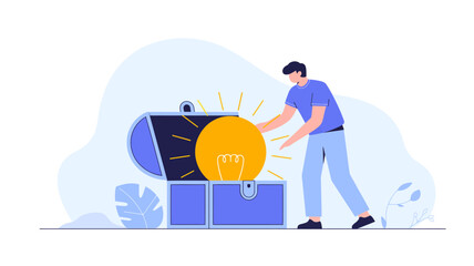 Man discovering a bright idea represented by a glowing lightbulb emerging from an open treasure chest