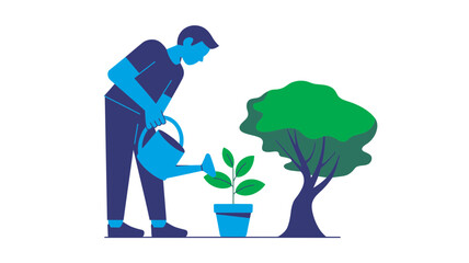 Man watering a small potted plant with a watering can next to a larger tree representing growth and care