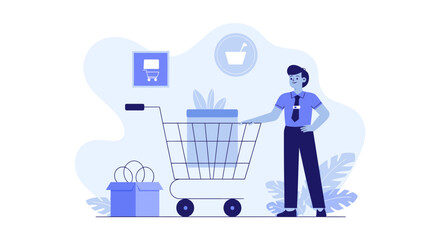 Friendly store employee assists customer with shopping cart filled with plants and gifts in a modern retail environment