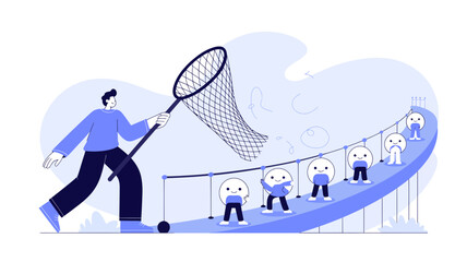 Man with butterfly net chasing cartoon characters on a bridge representing recruitment or talent acquisition