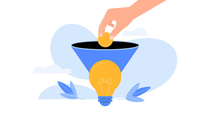 Hand dropping coin into funnel with light bulb symbolizing investment in new ideas and innovation for business growth