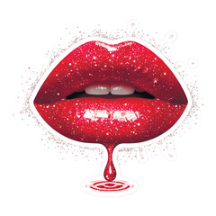 3d Vibrant red glittery lips illustration. Sparkling glamour makeup design with glossy drip and splash effect, isolated on a white background. Vector design.