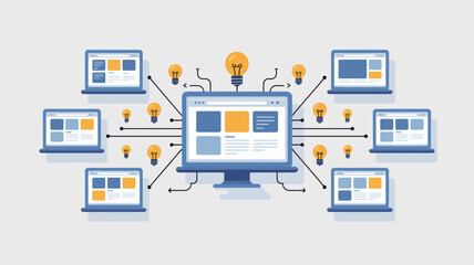 Multiple laptops and a desktop computer connected to glowing light bulbs symbolizing shared ideas and innovation in a digital network