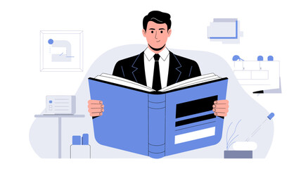 A smiling man in a suit reads a large blue book symbolizing knowledge and learning in a modern office setting