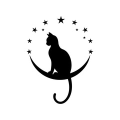 Obraz premium Vector art of silhouette of a cat sitting on a crescent moon surrounded by stars