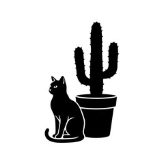 Vector art of black cat sitting next to a cactus