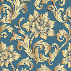 3d embossed Luxury gold and blue seamless floral pattern. Vector emboss damask background with vintage baroque relief flowers and ornamental swirls in a rich 3D texture. Ornate design for wallpapers.