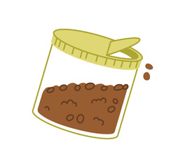 Transparent pet dry food storage container with green lid, flat vector illustration.