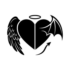 Vector art of heart with angel wing and halo and devil wing and tail