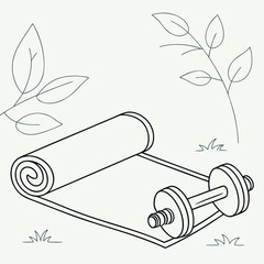 Line art of a yoga mat and dumbbell