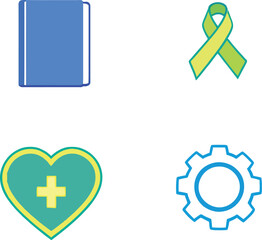 Obraz premium Education, awareness, healthcare, and technology icon set with book, ribbon, heart, and gear in colorful vector style