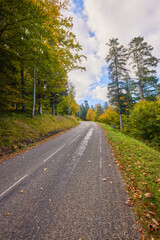 a mountain road during autumn with colorful trees