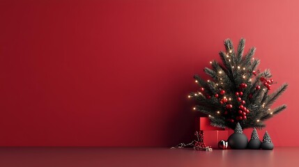 Small decorated Christmas tree with red ornaments and lights next to wrapped presents against burgundy wall, minimalist holiday composition with copy space.