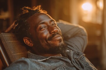 Man leaning back in chair with gentle smile, expressing contentment and balance.