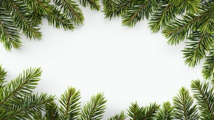 Obraz premium Green Pine Branches Frame on White Background for Holiday Designs