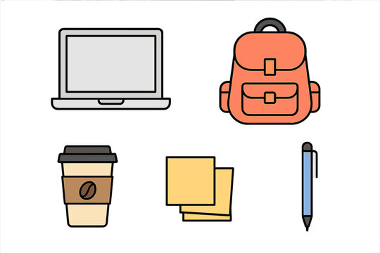 Modern work and study essentials including portable computer backpack coffee and writing tools