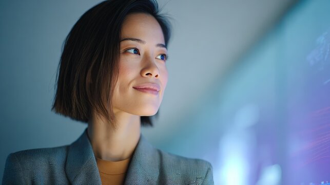 Businesswoman is smiling while analyzing data visualized on a futuristic holographic display, showcasing innovation and technological advancement in a corporate setting
