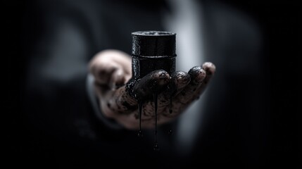 Close-up of Hand Holding Miniature Oil Barrel Dripping Crude