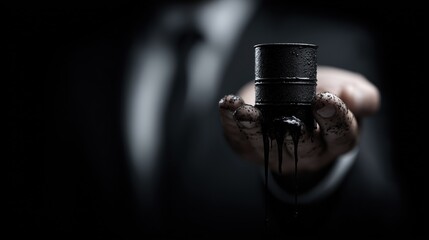 Close-up of Hand Holding Miniature Oil Barrel Dripping Crude