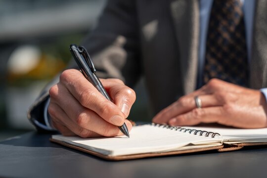Man in suit holding pen above notepad, deep in thought before making a decision.