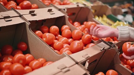 A person carefully chooses ripe tomatoes from neatly arranged boxes in a bustling local market. The setting is colorful and full of fresh produce that attracts shoppers.