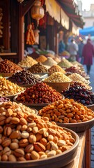 A bustling market stall overflows with colorful spices, nuts, and dried fruits under bright sunlight, inviting shoppers to explore