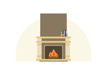 Flat vector illustration of a cozy fireplace with burning logs and books on the mantel. Home heating, comfort, and winter warmth concept