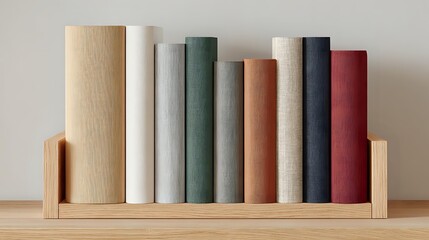 Row of hardcover books in muted earth tones and pastel colors standing upright on wooden shelf against neutral wall background, minimalist home library decor.