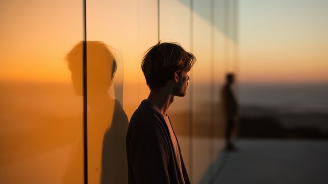 Homme contemplatif en profil devant une baie vitr&eacute;e au coucher du soleil
