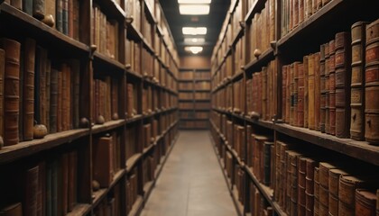 Old library with tall shelves packed with numerous antique leather bound books. A long corridor stretches into distance with overhead lighting. Historical archive filled with ancient volumes.