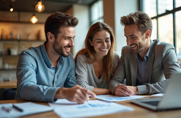 Couple meets with financial advisor. Review documents at desk with laptop. People discuss banking investment strategy planning at business meeting in office. Advisor explains financial portfolio to