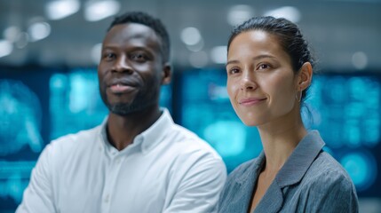 Two project managers are smiling while observing artificial intelligence data processing on multiple screens in a high tech monitoring room, showcasing their confidence in the technology