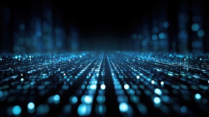 Abstract digital data stream with glowing blue lights in a futuristic cityscape