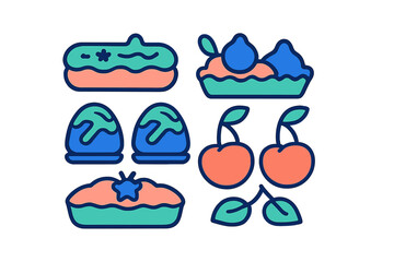 Colorful set of sweet desserts, pastries, and fresh fruits including pie, eclair, and cherries