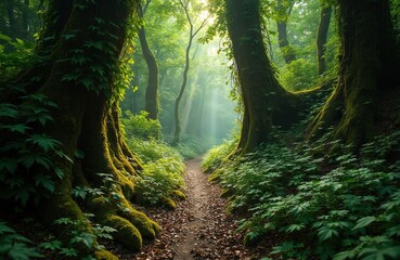Fototapeta premium Sunbeams filter through rich green forest. A dirt path winds between moss covered ancient trees. Green plants covers ground and tree trunks. Nature scene with tranquil light rays.