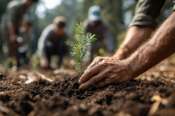 Hands Planting Young Pine Sapling in Rich Soil