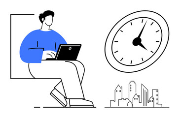 Person using laptop while seated, large clock for focus on time, small cityscape in background. Ideal for productivity, remote work, time efficiency, urban lifestyle, scheduling, work-life balance