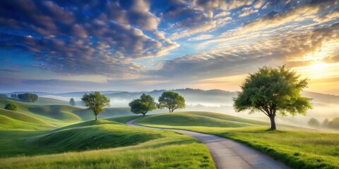 Serene Sunrise Over Rolling Green Hills with Winding Road and Majestic Trees