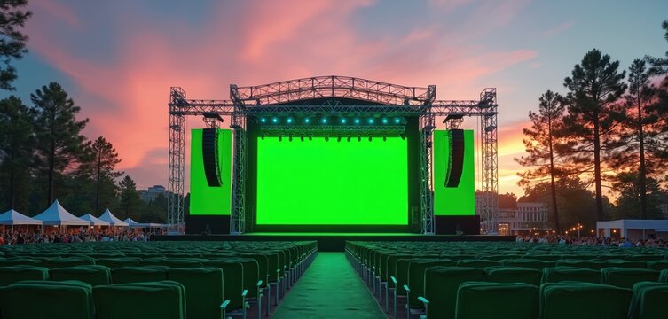 Outdoor concert stage with green screen billboard mockup for event promotion. Rows of seats face the empty stage at sunset. Festive atmosphere with tents and audience in background.