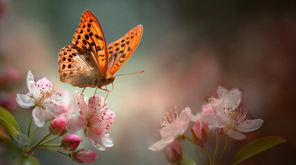 Obraz premium Butterfly perched on pink blossoms in a serene garden