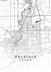 Minimalist white map of Rockford, Illinois &ndash; A modern map print highlighting infrastructure of the city, useful for tourism purposes
